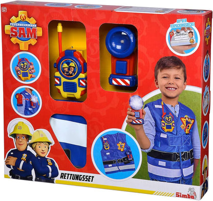 Simba 109252477 Fireman Sam Costume, for Children from 3 Years, Fire Brigade Rescue Set with Fireman Sam Vest, Walkie Talkie and Torch