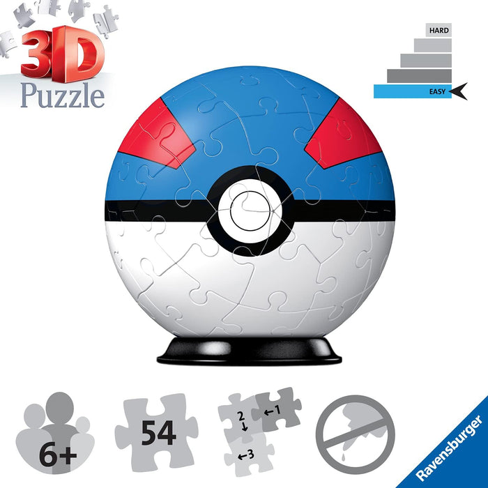 Ravensburger Pokemon Great Ball - 3D Jigsaw Puzzle Ball for Kids Age 6 Years Up - 55 Pieces - No Glue Required - Pokeball, White
