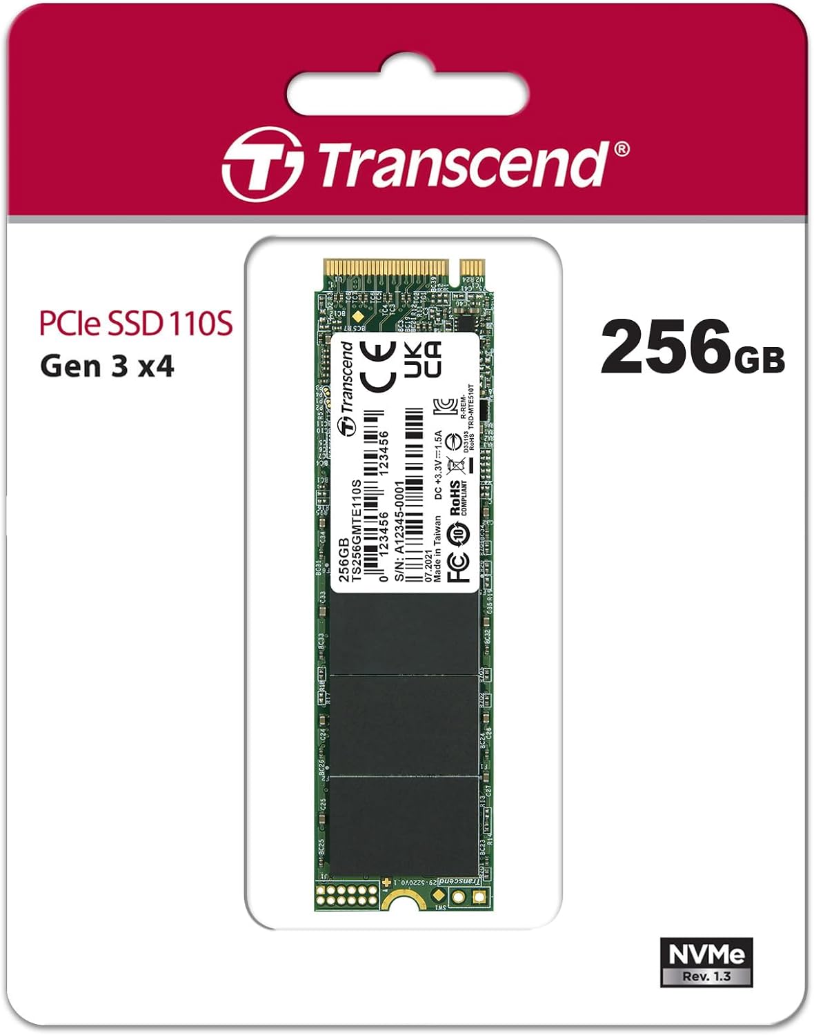 Transcend MTE110S 256 GB NVMe PCIe Gen3 x4 M.2 2280 Internal Solid State Drive (SSD) 3D TLC NAND (TS256GMTE110S