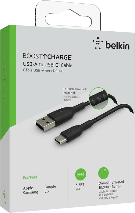 Belkin BoostCharge Braided USB C charger cable, USB-C to USB-A cable, USB type C charging cable for iPhone 15, Samsung Galaxy S23, Google Pixel, iPad, MacBook, Nintendo Switch and more - 2m