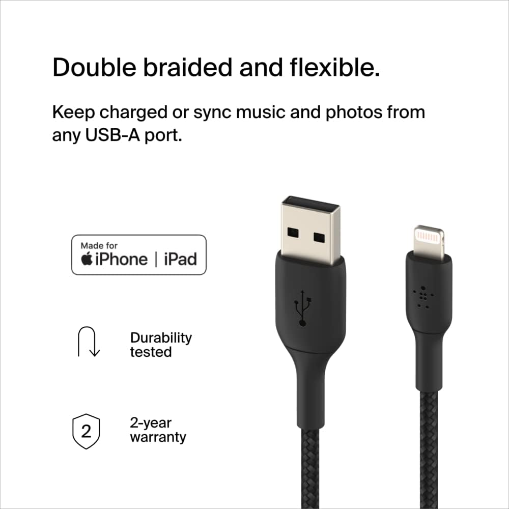 Belkin Braided Lightning Cable (Boost Charge Lightning To USB Cable IPhone, IPad, AirPods) MFi-Certified IPhone Charging Cable, Braided Lightning Cable (2m, Black