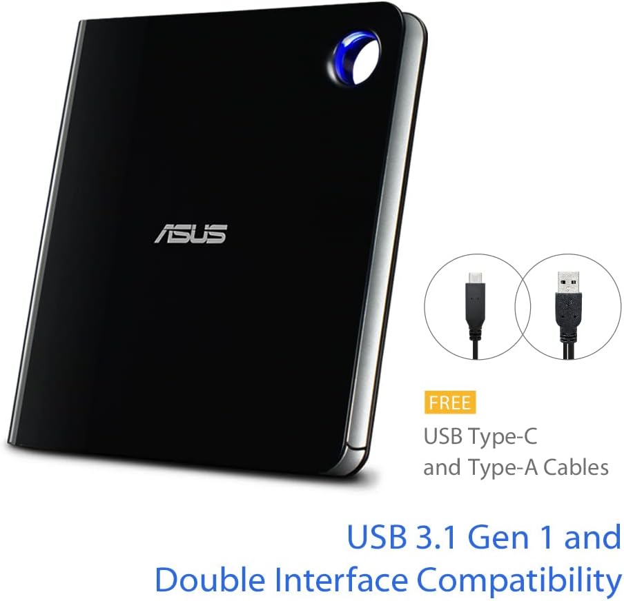 ASUS SBW-06D5H-U BDXL Extern Ultra Slim Blu-ray und MDisc Brenner (USB 3.1, USB-C, 2 Kabel) schwarz