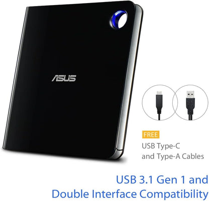 ASUS SBW-06D5H-U BDXL Extern Ultra Slim Blu-ray und MDisc Brenner (USB 3.1, USB-C, 2 Kabel) schwarz