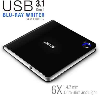 ASUS SBW-06D5H-U BDXL Extern Ultra Slim Blu-ray und MDisc Brenner (USB 3.1, USB-C, 2 Kabel) schwarz