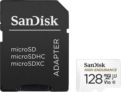 SanDisk 128GB High Endurance microSDXC card for IP cams & dash cams + SD adapter up to 10,000 Hours Full HD / 4K videos up to 100 MB/s UHS-I Class 10 U3 V30