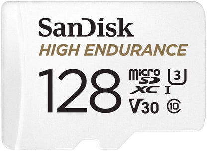 SanDisk 128GB High Endurance microSDXC card for IP cams & dash cams + SD adapter up to 10,000 Hours Full HD / 4K videos up to 100 MB/s UHS-I Class 10 U3 V30