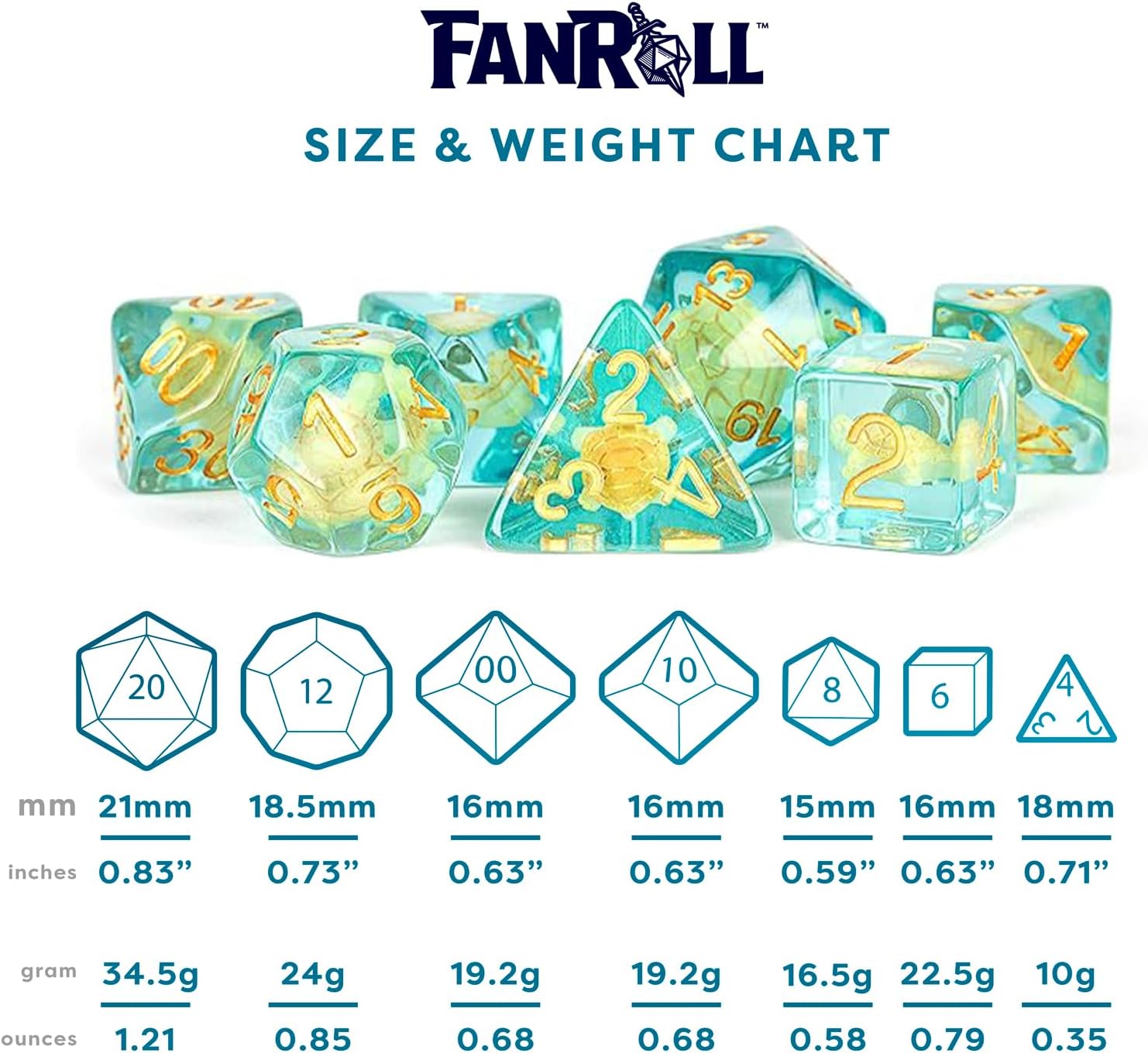 FanRoll by Metallic Dice Games Dés DND en résine 16 mm pour donjons et dragons