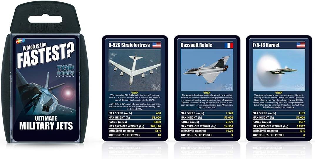 Top Trumps Ultimate Military Jets Classics Card Game, learn facts about the Dassault Rafale and the E-3 Sentry in this educational packed game, 2 plus players makes a great gift for ages 6 plus