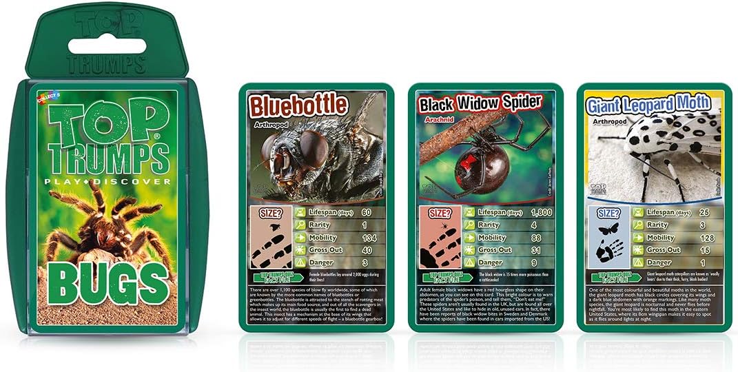 Top Trumps Bugs Classic Card Game, learn facts about the Black Widow, furry Tarantula, Praying Mantis and the Ladybird in this educational packed game, gift and toy for boys and girls aged 6 plus Bugs