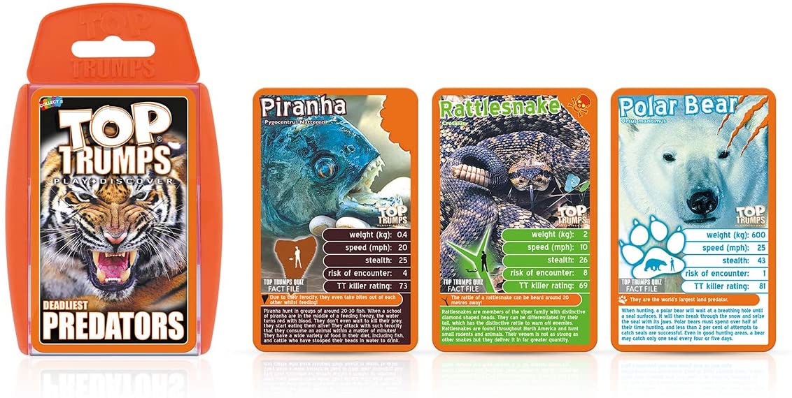 Top Trumps Deadliest Predators Classic Card Game, learn facts about the Great White Shark, Komodo Dragon and the King Cobra in this educational pack, gift and toy for boys and girls aged 4 plus