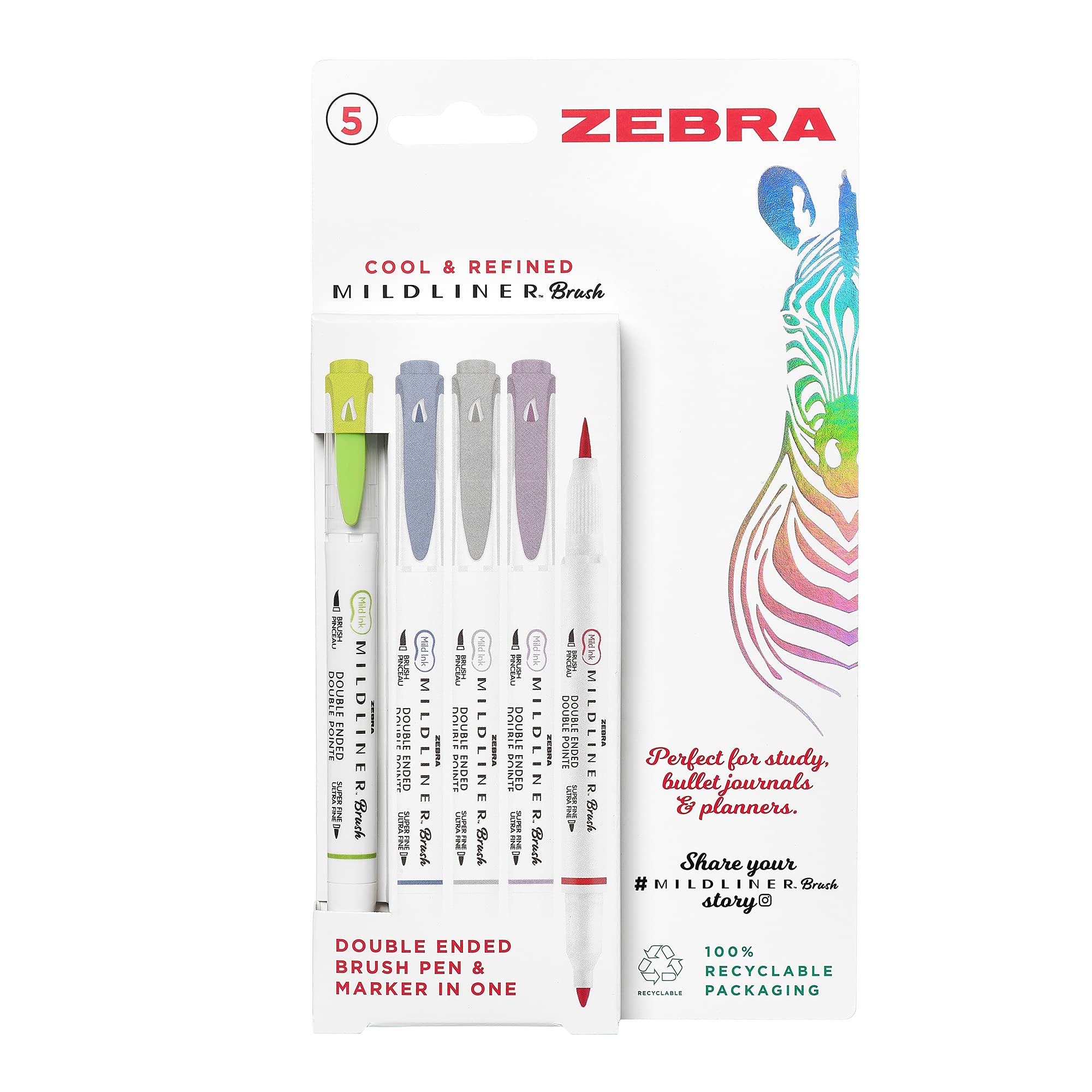 Zebra Pen MILDLINER Dual Tip Brush Pens, Felt Tip Pens For Adults, Bullet Tip & Brush Tip For Style & Convenience, Double Ended Mildliner Colouring Pens, Cool & Refined Colours 5pk