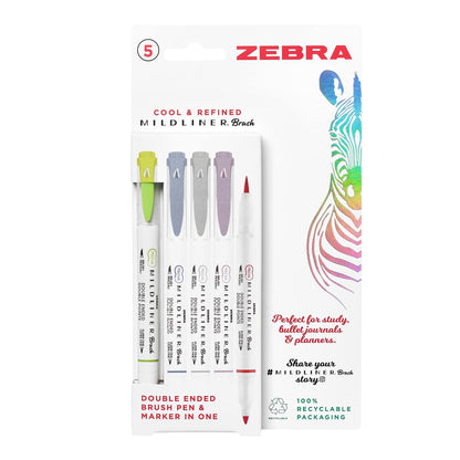 Zebra Pen MILDLINER Dual Tip Brush Pens, Felt Tip Pens For Adults, Bullet Tip & Brush Tip For Style & Convenience, Double Ended Mildliner Colouring Pens, Cool & Refined Colours 5pk