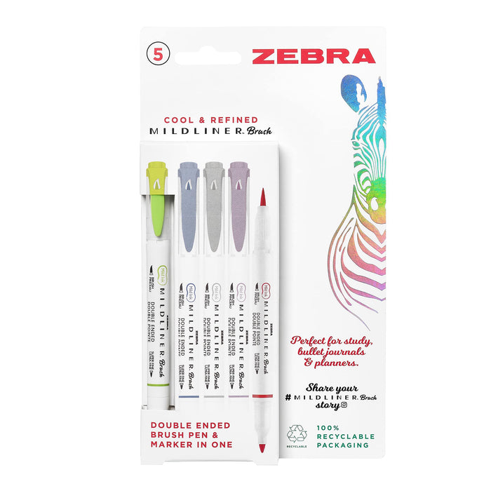 Zebra Pen MILDLINER Dual Tip Brush Pens, Felt Tip Pens For Adults, Bullet Tip & Brush Tip For Style & Convenience, Double Ended Mildliner Colouring Pens, Cool & Refined Colours 5pk