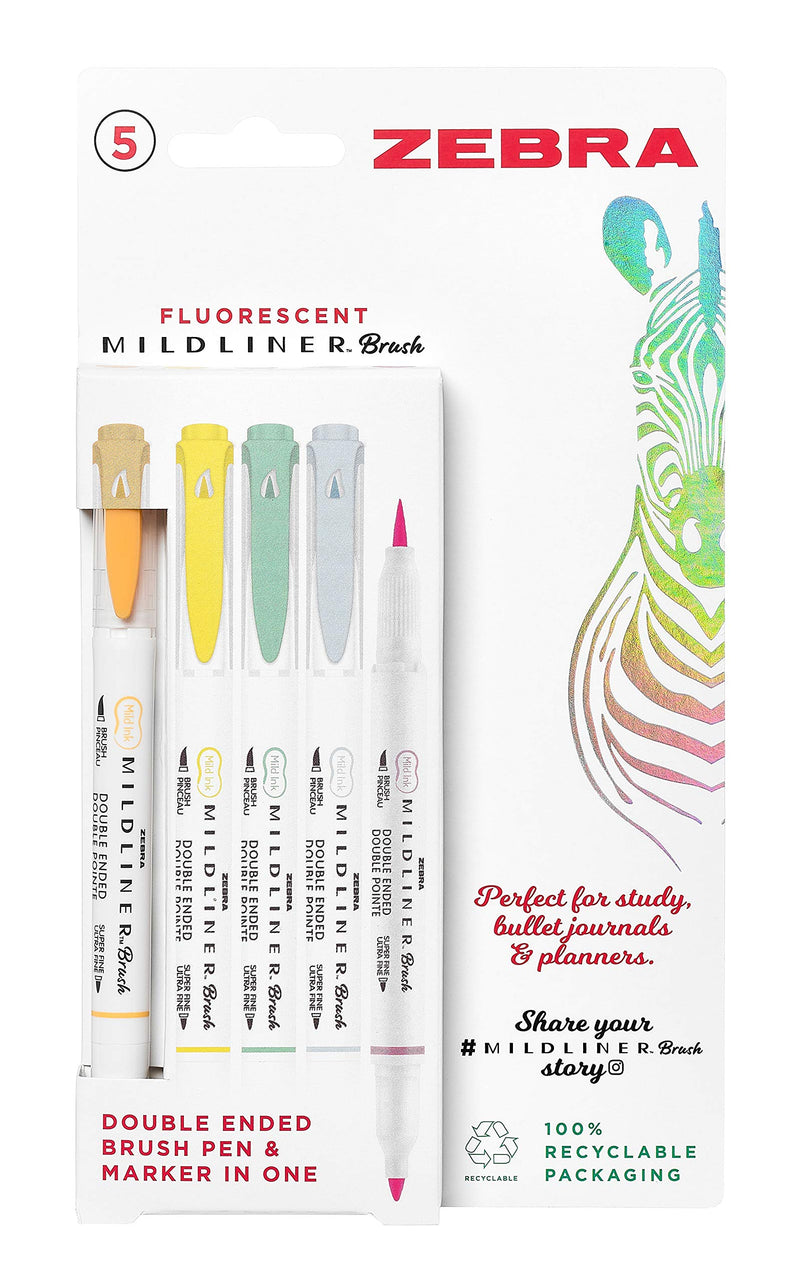 Zebra Pen MILDLINER Dual Tip Brush Pens, Felt Tip Pens For Adults, Bullet Tip & Brush Tip Colouring Pens For Style & Convenience, Double Ended Mildliner Colouring Pens, Fluorescent Colours 5pk