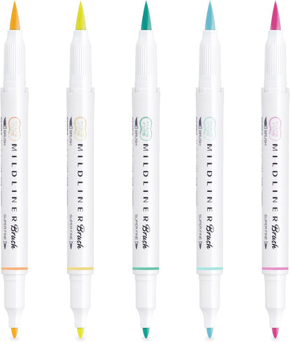Zebra Pen MILDLINER Dual Tip Brush Pens, Felt Tip Pens For Adults, Bullet Tip & Brush Tip Colouring Pens For Style & Convenience, Double Ended Mildliner Colouring Pens, Fluorescent Colours 5pk
