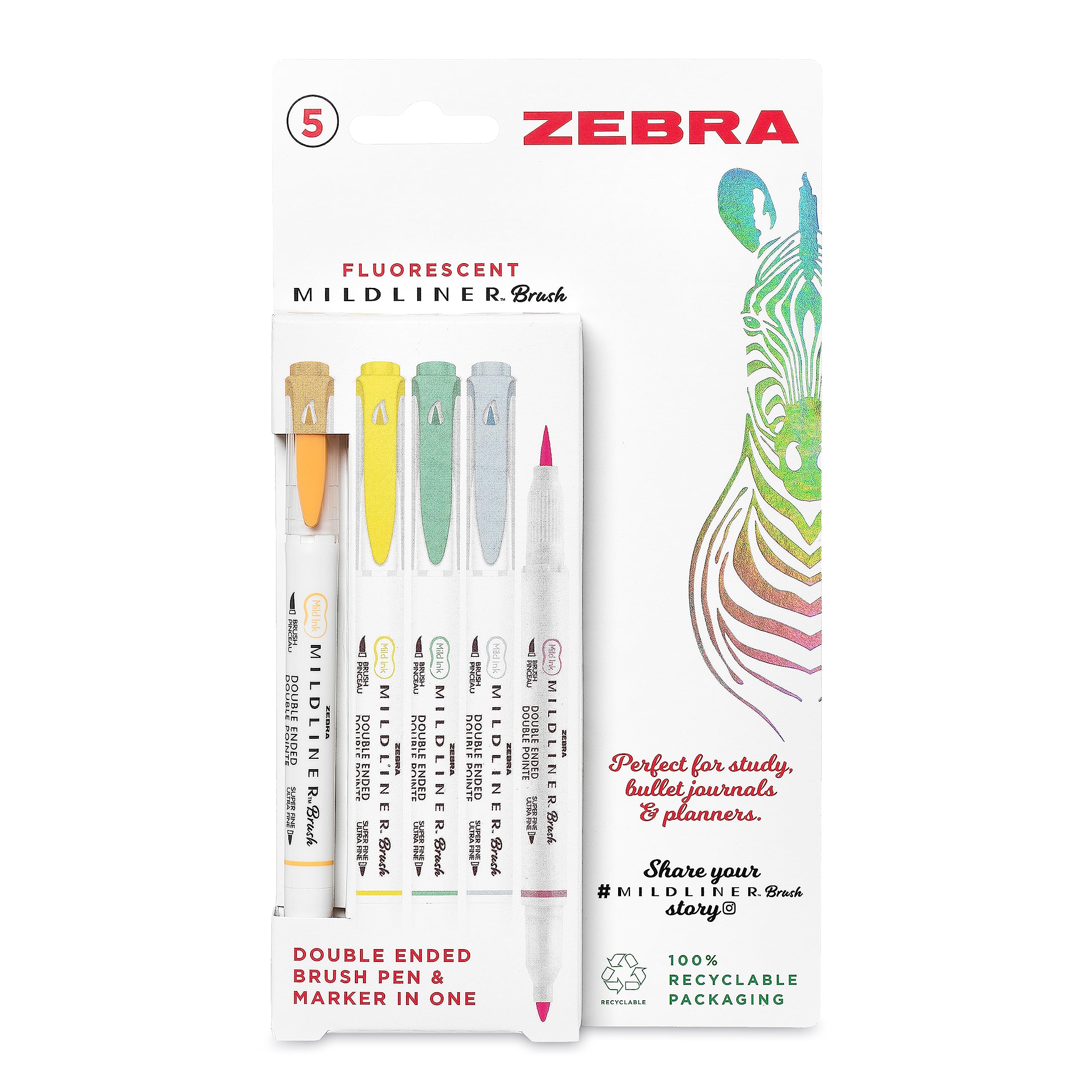 Zebra Pen MILDLINER Dual Tip Brush Pens, Felt Tip Pens For Adults, Bullet Tip & Brush Tip Colouring Pens For Style & Convenience, Double Ended Mildliner Colouring Pens, Fluorescent Colours 5pk