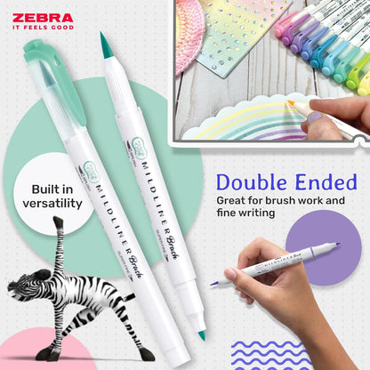 Zebra Pen MILDLINER Dual Tip Brush Pens, Felt Tip Pens For Adults, Bullet Tip & Brush Tip Colouring Pens For Style & Convenience, Double Ended Mildliner Colouring Pens, Fluorescent Colours 5pk