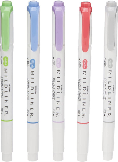 Zebra Pen MILDLINER Dual Tip Highlighter Pens, Pastel Highlighters For Adults, Broad & Fine Tip Markers & Highlighters, Double Ended Pens, 5 Pk - Cool & Refined Colours