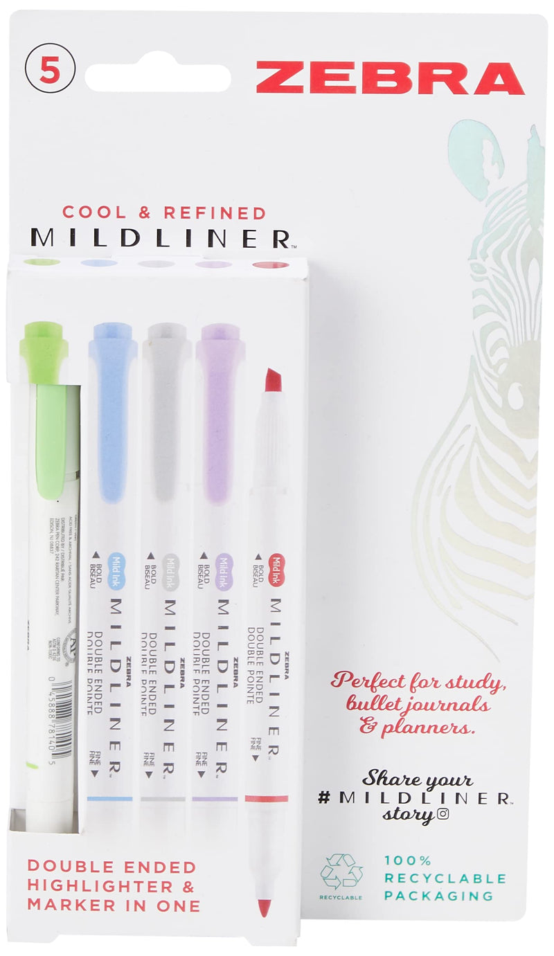 Zebra Pen MILDLINER Dual Tip Highlighter Pens, Pastel Highlighters For Adults, Broad & Fine Tip Markers & Highlighters, Double Ended Pens, 5 Pk - Cool & Refined Colours
