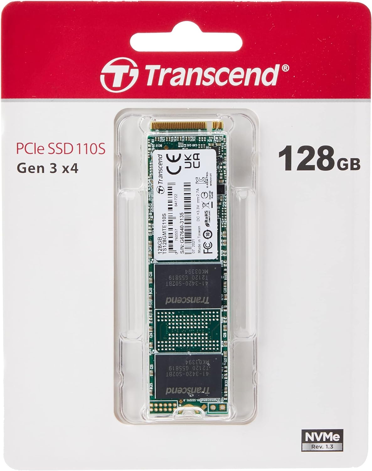 Transcend MTE110S 128 GB NVMe PCIe Gen3 x4 M.2 2280 Internal Solid State Drive (SSD) 3D TLC NAND (TS128GMTE110S