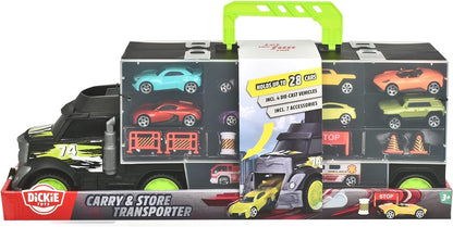Dickie Toys Carry & Store Transporter - Toy Truck for Storing 28 Toy Cars, Includes 4 Cars, Includes Accessories, with Ramp, for Children Aged 3 and Above, Zerowaste Packaging