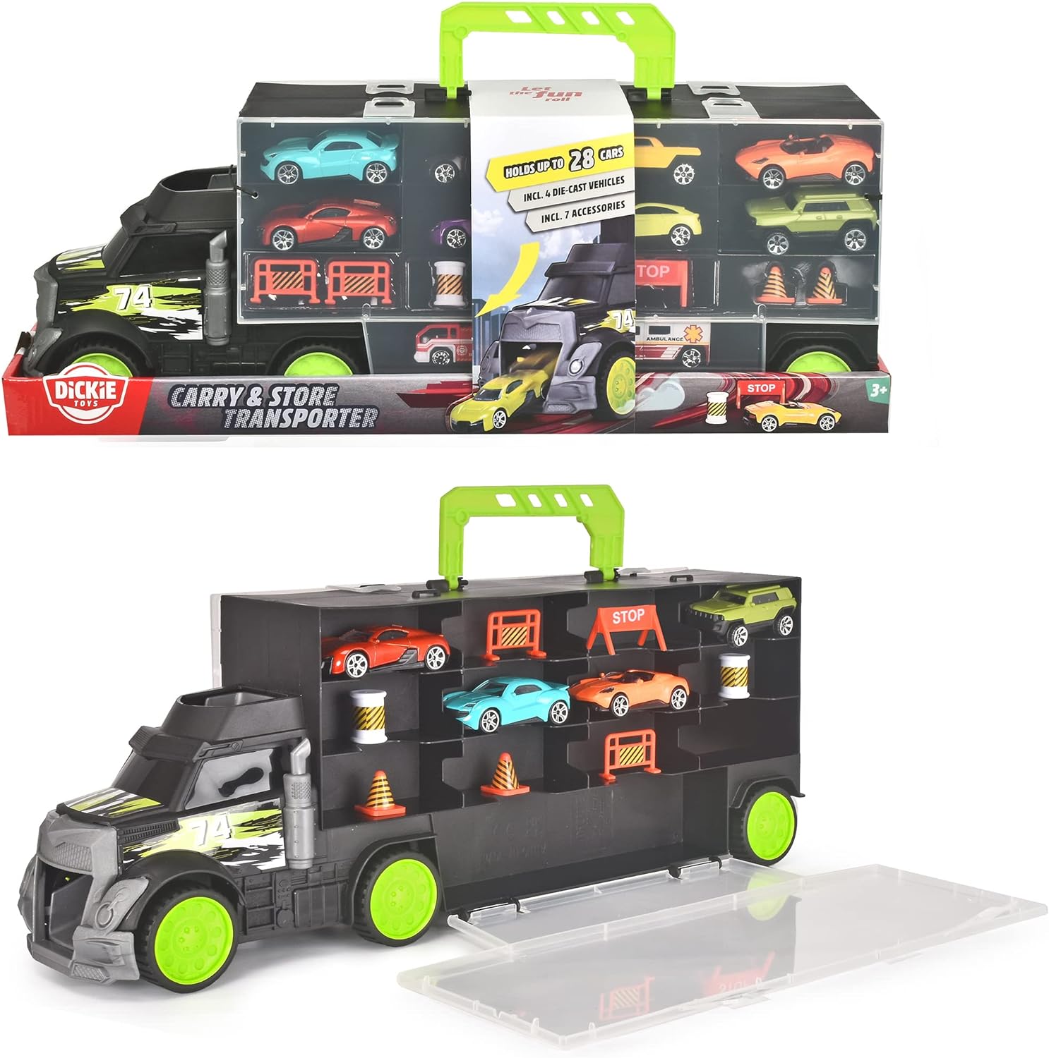 Dickie Toys Carry & Store Transporter - Toy Truck for Storing 28 Toy Cars, Includes 4 Cars, Includes Accessories, with Ramp, for Children Aged 3 and Above, Zerowaste Packaging