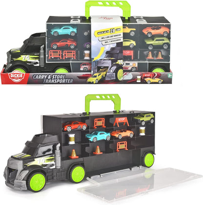 Dickie Toys Carry & Store Transporter - Toy Truck for Storing 28 Toy Cars, Includes 4 Cars, Includes Accessories, with Ramp, for Children Aged 3 and Above, Zerowaste Packaging