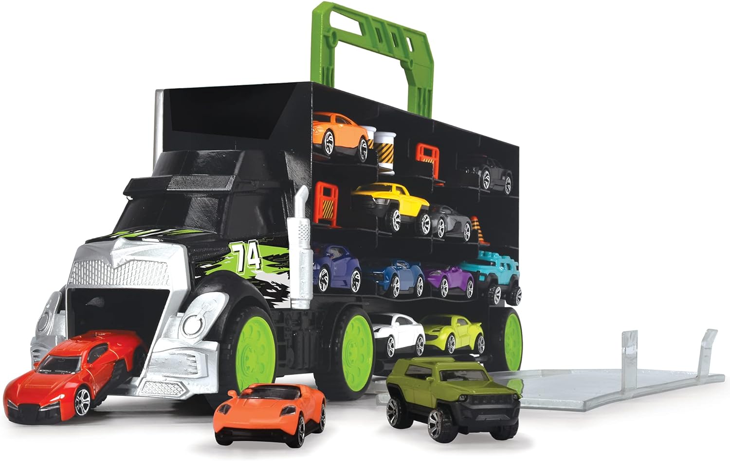 Dickie Toys Carry & Store Transporter - Toy Truck for Storing 28 Toy Cars, Includes 4 Cars, Includes Accessories, with Ramp, for Children Aged 3 and Above, Zerowaste Packaging