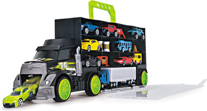 Dickie Toys Carry & Store Transporter - Toy Truck for Storing 28 Toy Cars, Includes 4 Cars, Includes Accessories, with Ramp, for Children Aged 3 and Above, Zerowaste Packaging
