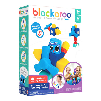 Blockaroo Magnetic Building Blocks, Educational Game for Children, Educational Game for Creative Building Sites, Ideal for Bathtub, Aeroplane Box with 10 Blocks