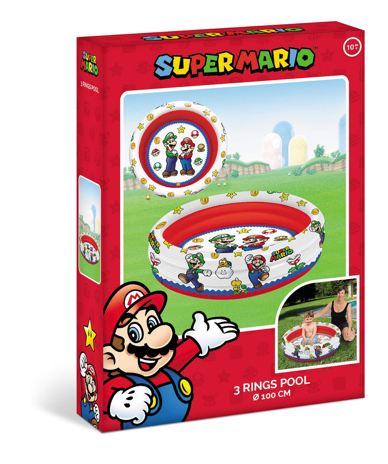 Mondo Super Mario Brothers Toys Inflatable Pool for Children 3 Rings-Diameter 100 cm-Capacity 84 Lt. -16892, Multi-Coloured