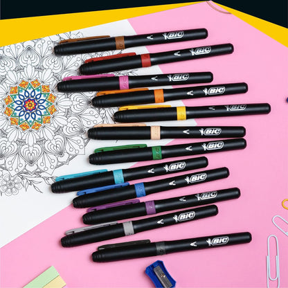 Bic Intensity Premium Felt Tip Pens for Adults and Children in 12 Colours with Comfortable Rubber Handle and Sturdy Tip, 977891