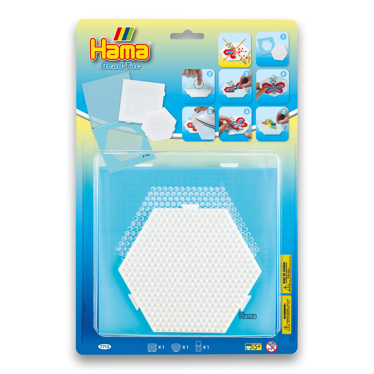 Hama Perlen 7712 Stiftplatten 2er Set für Midi Bügelperlen mit Durchmesser 5 mm, Motive Quadrat und Sechseck in weiß, inkl. Haftfolie Bead Tac, Bastelspaß für Groß und Klein