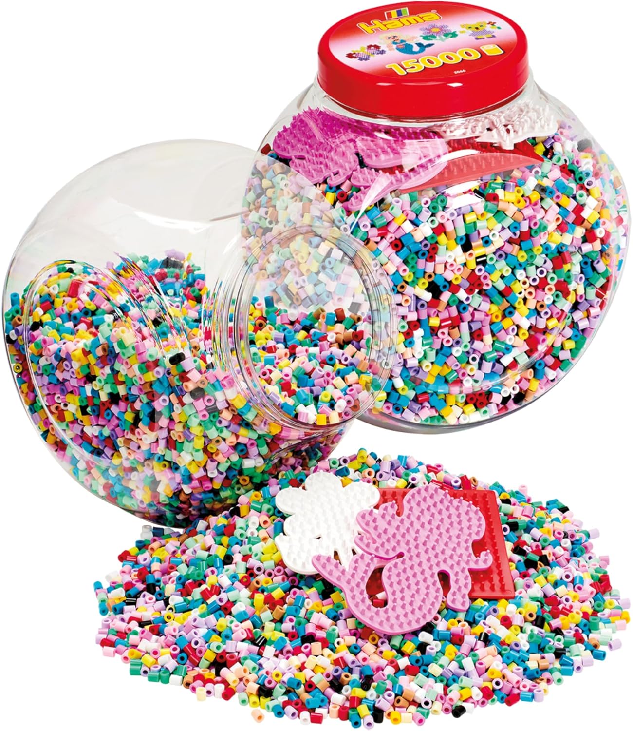 Hama Set kralen en pegboards, officiële Hama Tub met 15.000 kralen en 3 gekleurde penplanken, strijkpapier, knutselset voor jongens en meisjes vanaf 5 jaar, roze
