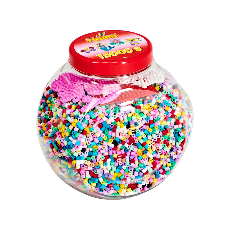 Hama Set kralen en pegboards, officiële Hama Tub met 15.000 kralen en 3 gekleurde penplanken, strijkpapier, knutselset voor jongens en meisjes vanaf 5 jaar, roze