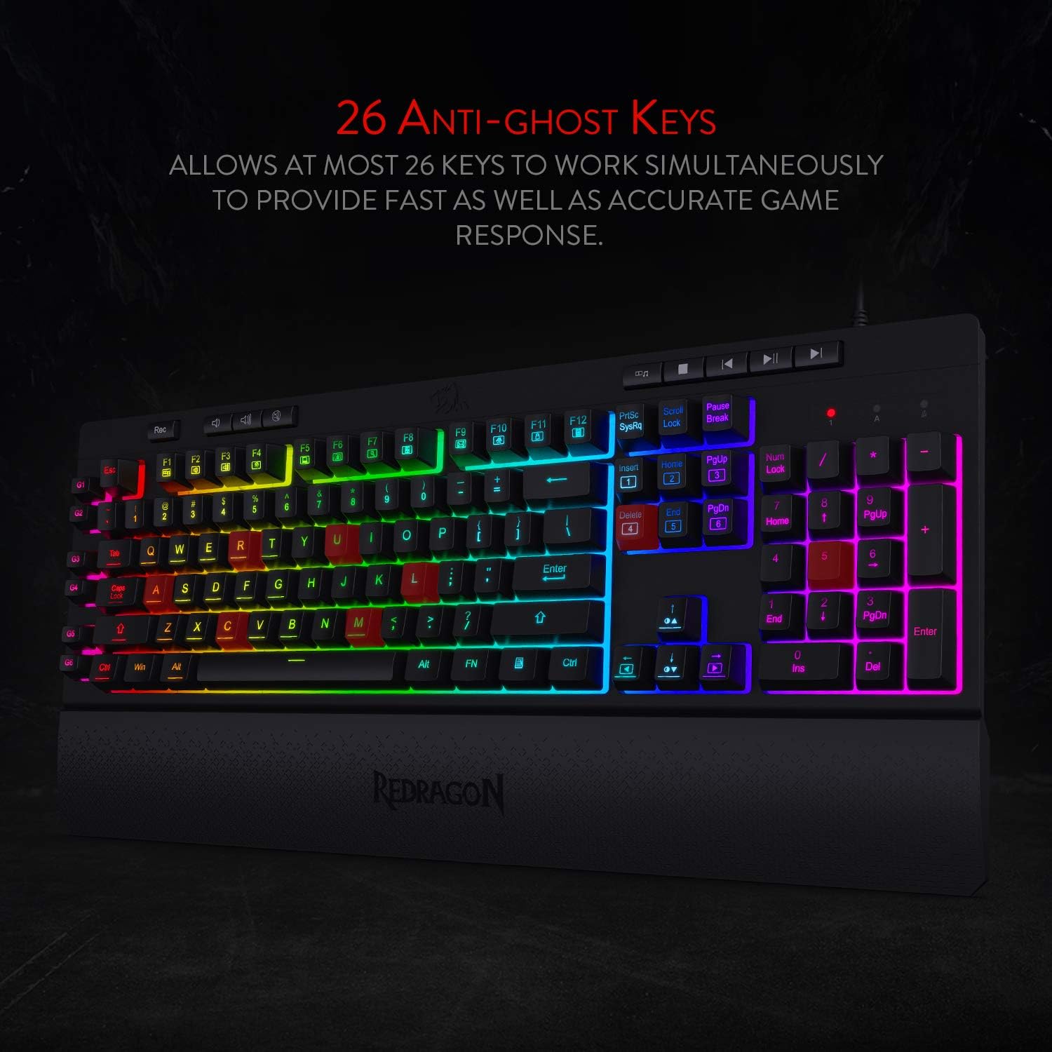 Redragon K512 Shiva RGB Backlit Membrane Gaming Keyboard with Multimedia Keys, Quiet Mechanical Feeling Keyboard, 6 Extra On-Board Macro Keys, Dedicated Media Control, Detachable Wrist Rest
