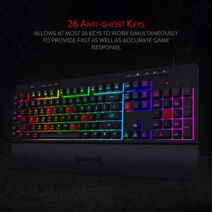 Redragon K512 Shiva RGB Backlit Membrane Gaming Keyboard with Multimedia Keys, Quiet Mechanical Feeling Keyboard, 6 Extra On-Board Macro Keys, Dedicated Media Control, Detachable Wrist Rest
