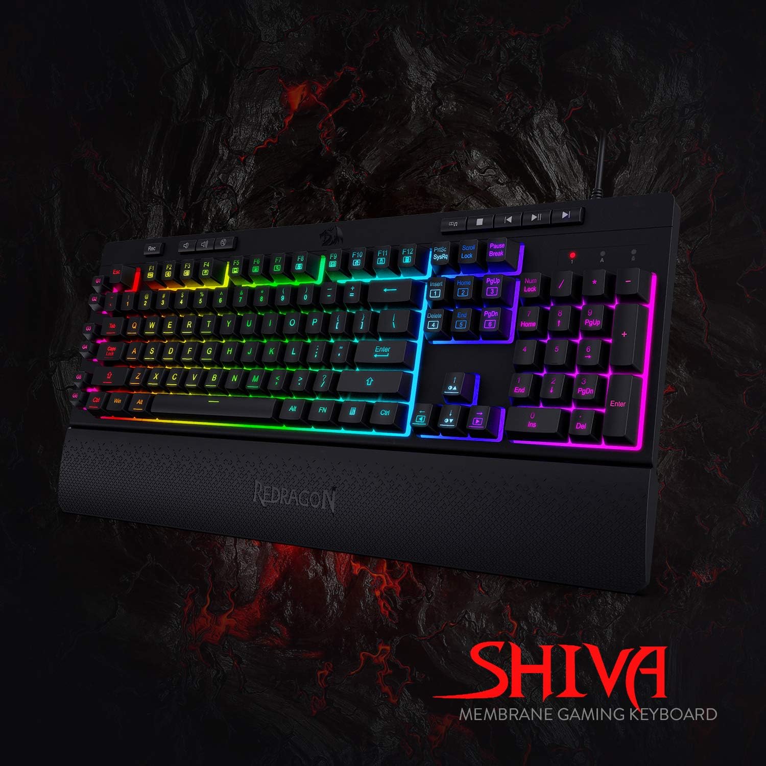 Redragon K512 Shiva RGB Backlit Membrane Gaming Keyboard with Multimedia Keys, Quiet Mechanical Feeling Keyboard, 6 Extra On-Board Macro Keys, Dedicated Media Control, Detachable Wrist Rest