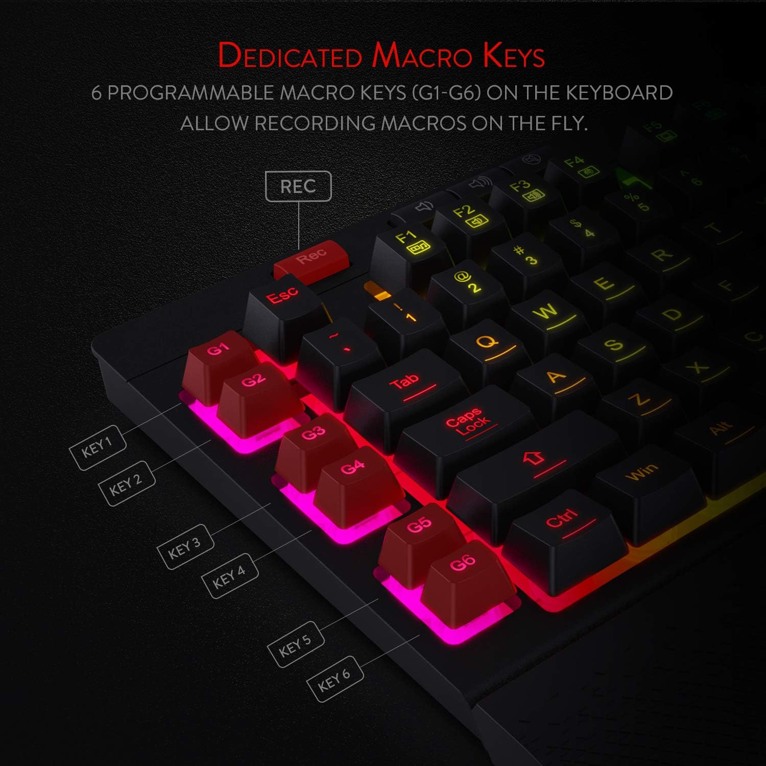 Redragon K512 Shiva RGB Backlit Membrane Gaming Keyboard with Multimedia Keys, Quiet Mechanical Feeling Keyboard, 6 Extra On-Board Macro Keys, Dedicated Media Control, Detachable Wrist Rest