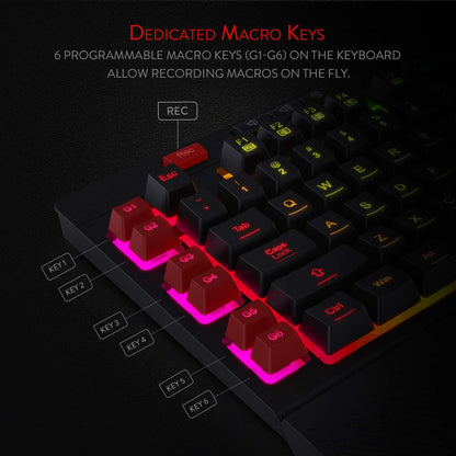 Redragon K512 Shiva RGB Backlit Membrane Gaming Keyboard with Multimedia Keys, Quiet Mechanical Feeling Keyboard, 6 Extra On-Board Macro Keys, Dedicated Media Control, Detachable Wrist Rest