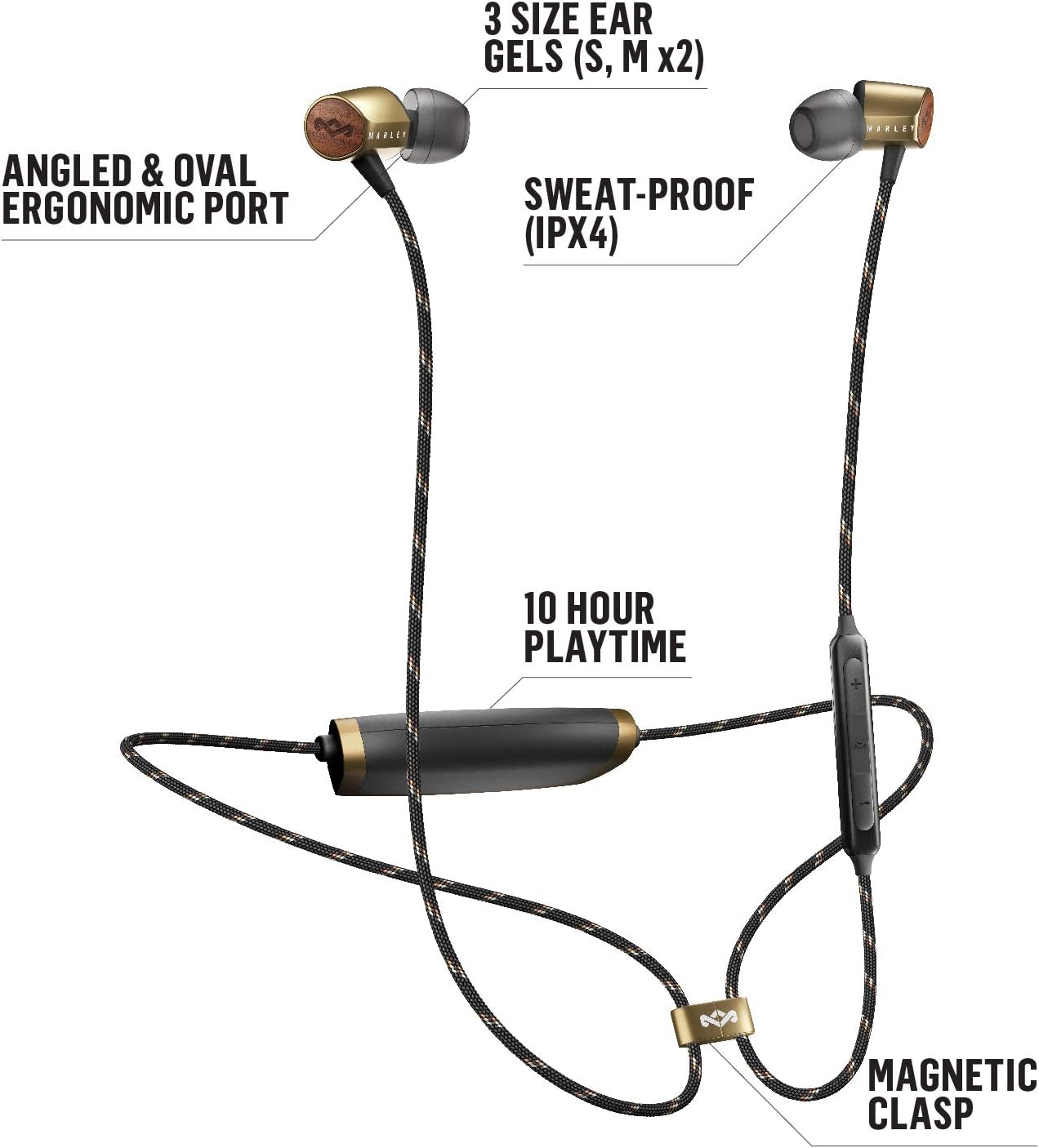 House of Marley Uplift 2 Wireless - Bluetooth In-Ear Headphones / Noise Isolating Earphones, Hands-Free Calling In-Line Mic, 3 Button Controls, Ergonomic Design for Perfect Fit –