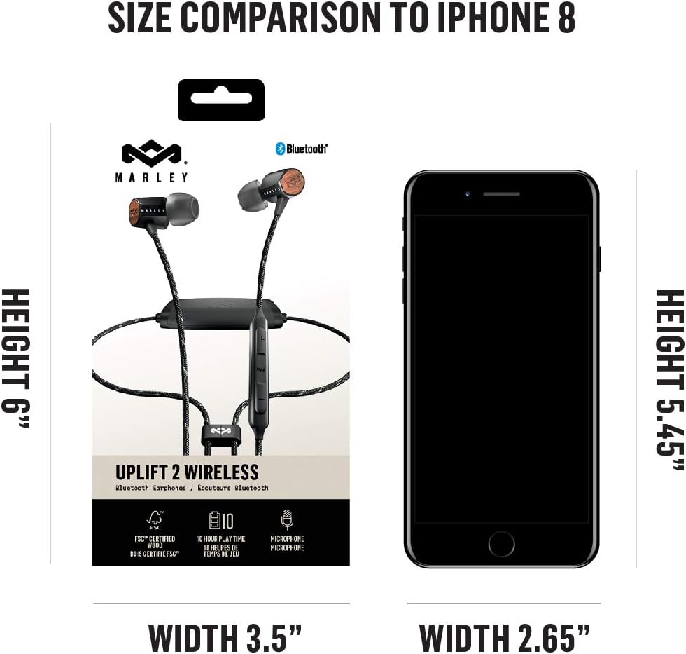 House of Marley Uplift 2 Wireless - Bluetooth In-Ear Headphones / Noise Isolating Earphones, Hands-Free Calling In-Line Mic, 3 Button Controls, Ergonomic Design for Perfect Fit –