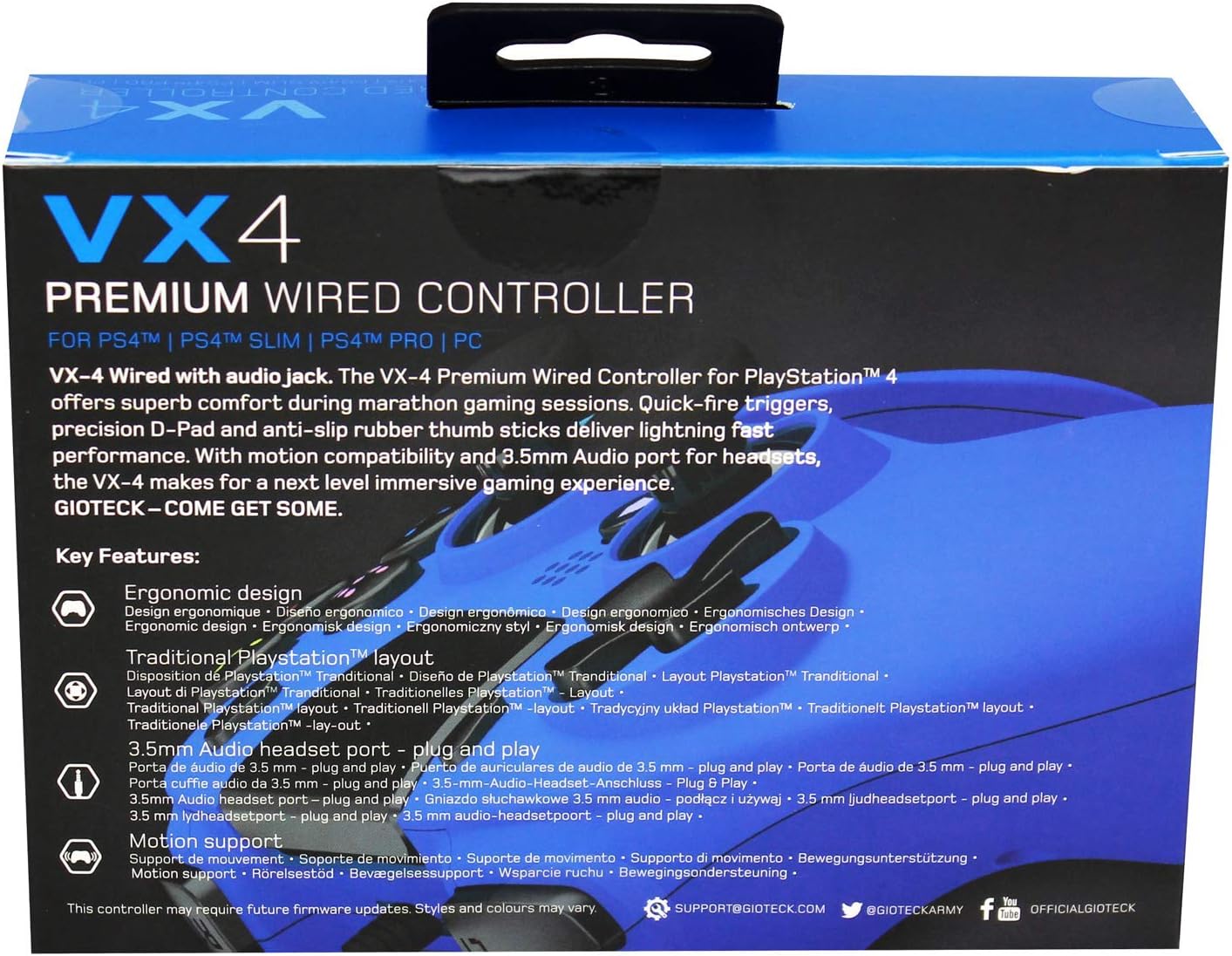 Gioteck - VX4 Blue Wired Controller for PS4 and PC Gamepad, Joystick Ergonomic design, Playstation Layout with Audio Port/Jack 3,5MM