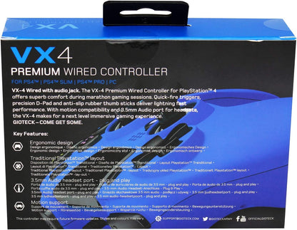 Gioteck - VX4 Blue Wired Controller for PS4 and PC Gamepad, Joystick Ergonomic design, Playstation Layout with Audio Port/Jack 3,5MM