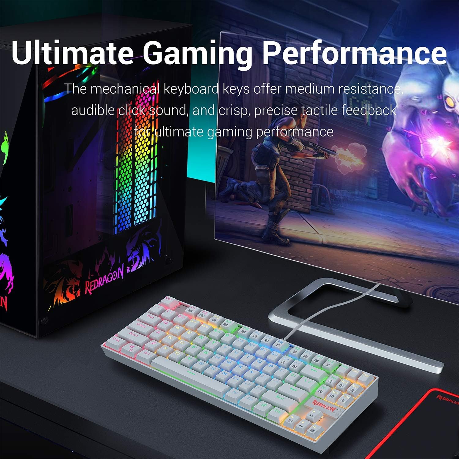 Redragon K552 Mechanical Gaming Keyboard Compact 87 Key Kumara Wired Cherry MX Blue Switches Equivalent for Windows PC Gamers (RGB Backlit White