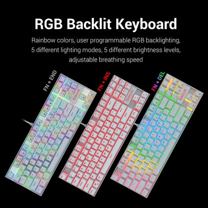 Redragon K552 Mechanical Gaming Keyboard Compact 87 Key Kumara Wired Cherry MX Blue Switches Equivalent for Windows PC Gamers (RGB Backlit White