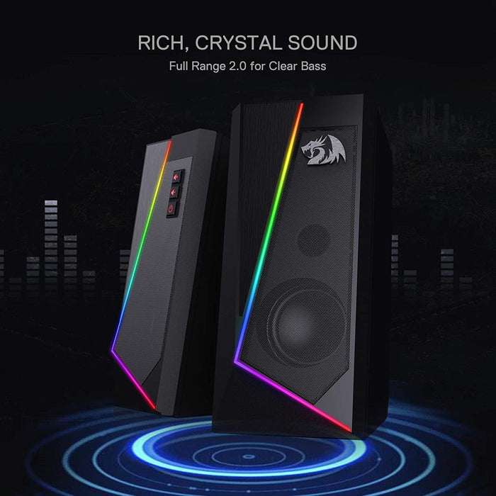 Redragon GS520 Anvil RGB Desktop Speakers, 2.0 Channel PC Computer Stereo Speaker with 6 Colorful LED Modes, Enhanced Bass and Easy-Access Volume Control, USB Powered w/ 3.5mm Cable Black