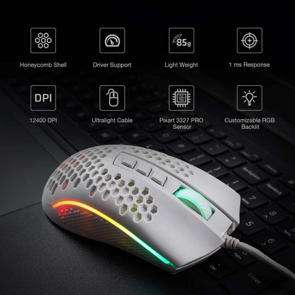 Redragon M808 Storm Ultralight Wired Gaming Mouse, 85g Lightweight Honeycomb Shell - Adjustable DPI Up to 12,400 - Optical Sensor - 7 Programmable Buttons - for PC Gamers