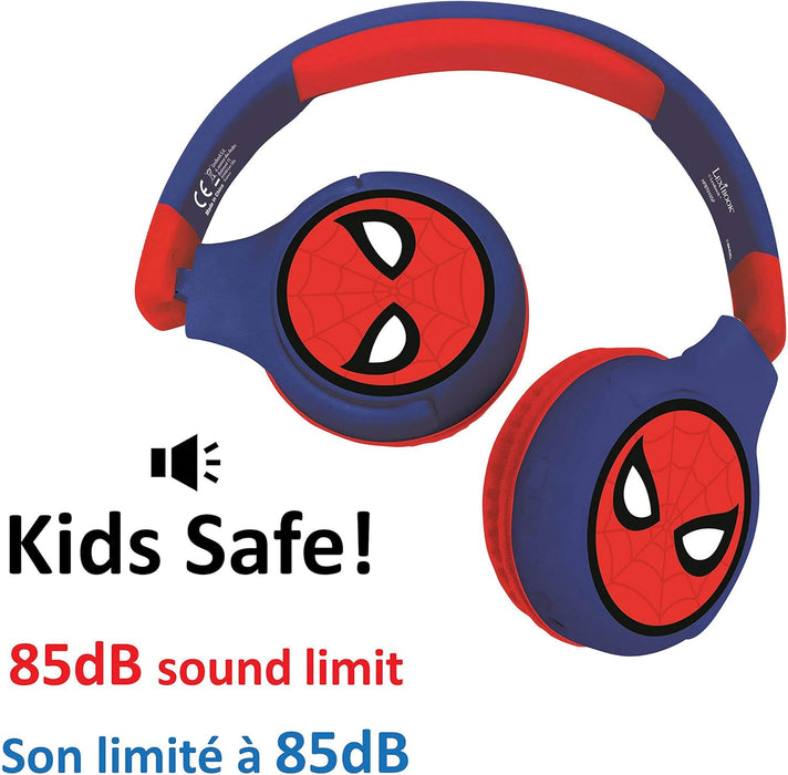 LEXIBOOK HPBT010SP Spiderman 2-in-1 Bluetooth Headphones Stereo Wireless Wired, Kids Safe for Boys Girls, Foldable, Adjustable, red/Blue, Black, Spider-Man