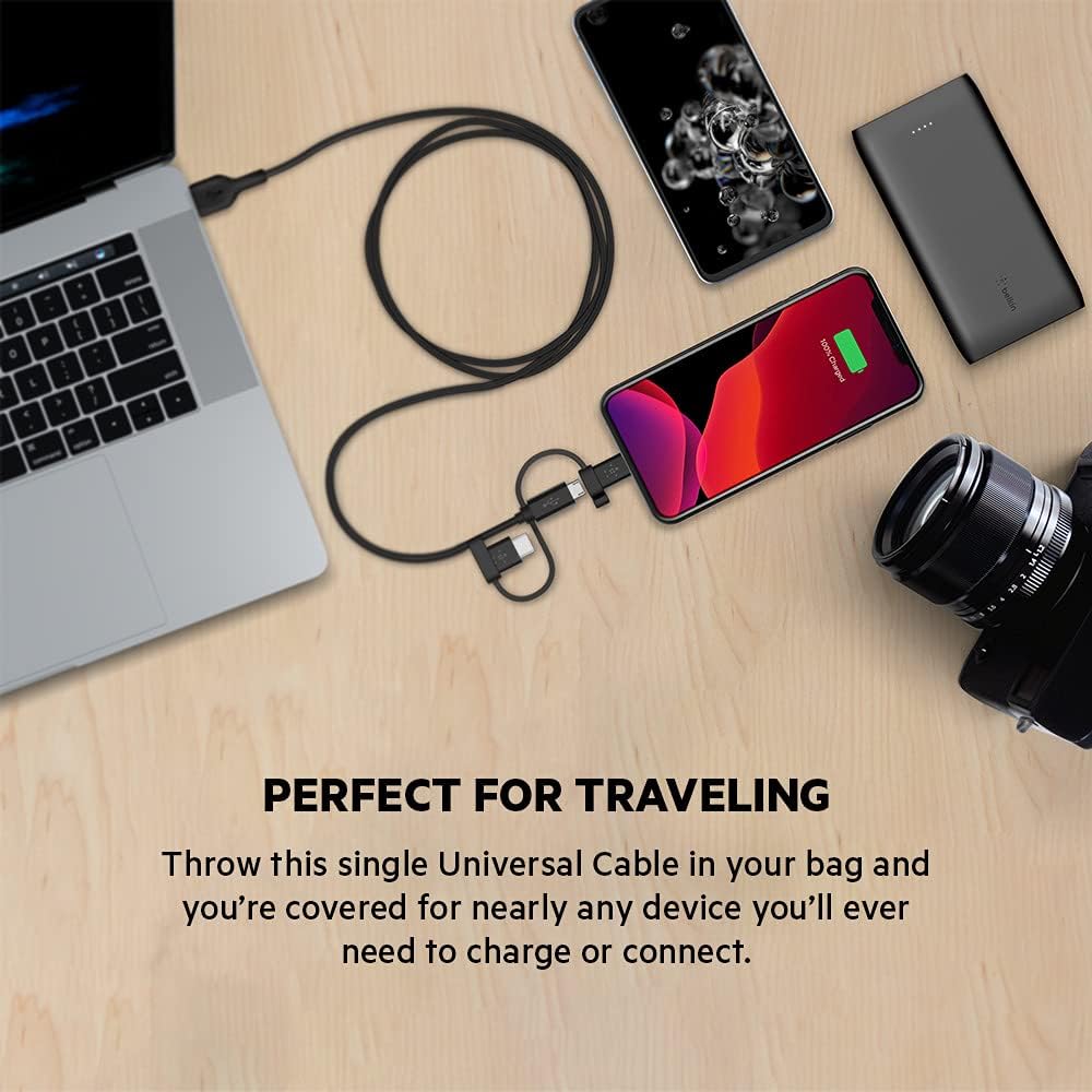 Belkin Universal Cable (3-in-1 USB-C, Lightning, Micro-USB Charging Cable) Charge Smartphones, Tablets, Power Banks and more (3.3ft/1m